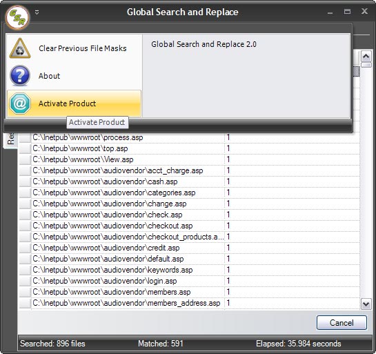Application menu showing activation option